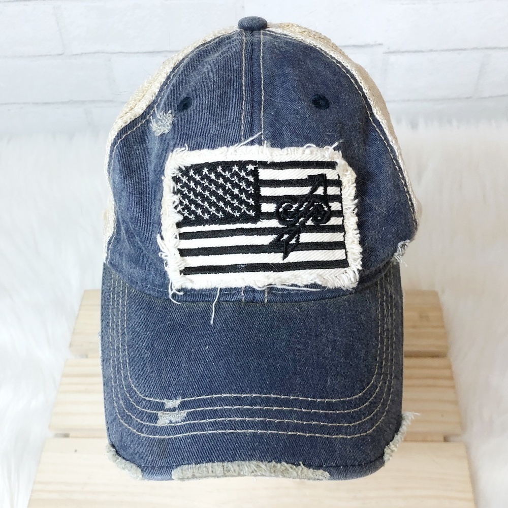 USA American Flag‎ Baseball Cap Blue Denim Cream Mesh